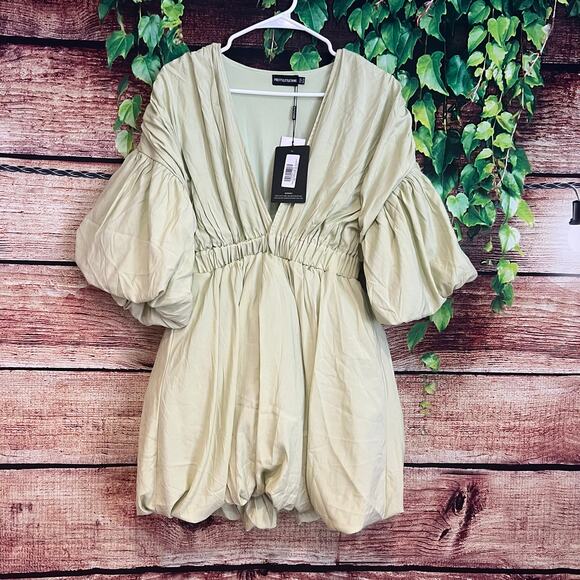 Pretty Little Thing Pistachio Puff Sleeve Puffball Hem Shift Dress US 6 Mini - Picture 2 of 7